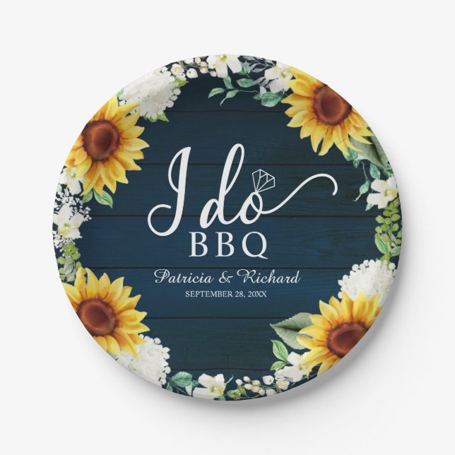 I Do BBQ Rustic Sunflowers Engagement Party Paper Plate (Front)
