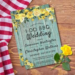 I Do BBQ   Rustic Wood & Floral Outdoor Wedding Invitation