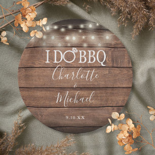 I Do BBQ Rustic Wood String Lights Engagement Paper Plate