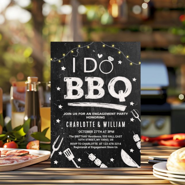 I Do BBQ String Lights Rustic Engagement Party  Invitation (I Do BBQ String Lights Rustic Chalkboard Engagement Party Invitation black and white vintage grunge )