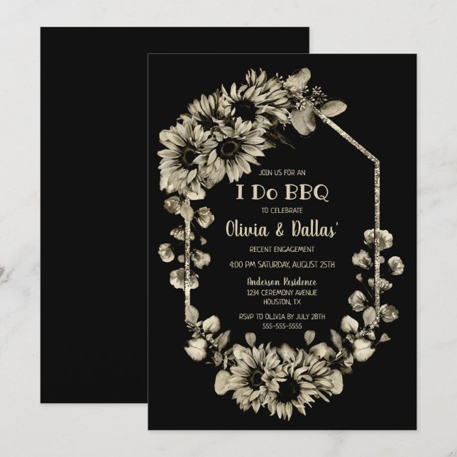I Do BBQ Sunflower Floral Black Engagement Party Invitation (Front/Back)