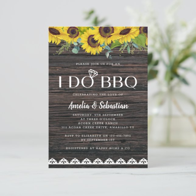 I Do BBQ Wood Lace Sunflower Bridal Shower Invitation (Standing Front)