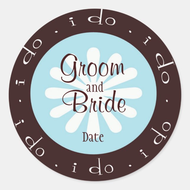 "i do" Blue and Brown Personalised Wedding Sticker (Front)