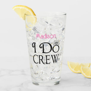 I Do Crew Black Pink Monogram Wedding Bridal Party Glass