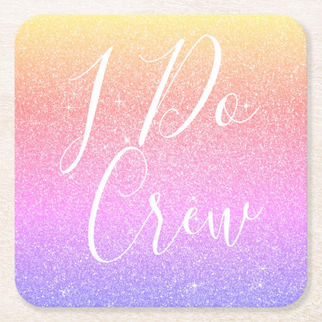 I Do Crew Purple Glitter Bachelorette Party Square Paper Coaster (Front)