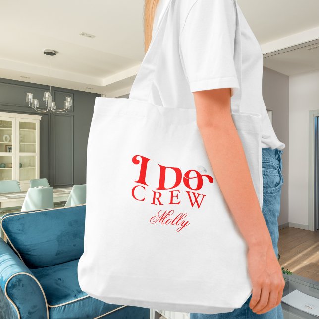 I Do Crew Red Modern Font Tote Bag (I Do Crew tote bag with modern serif font – perfect for bridesmaid proposals or bridal celebrations!)