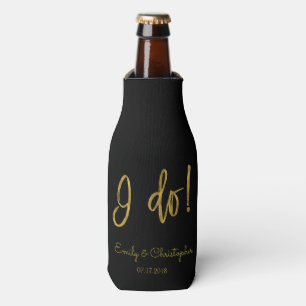 I Do Elegant Script Gold Foil and Black Wedding Bottle Cooler