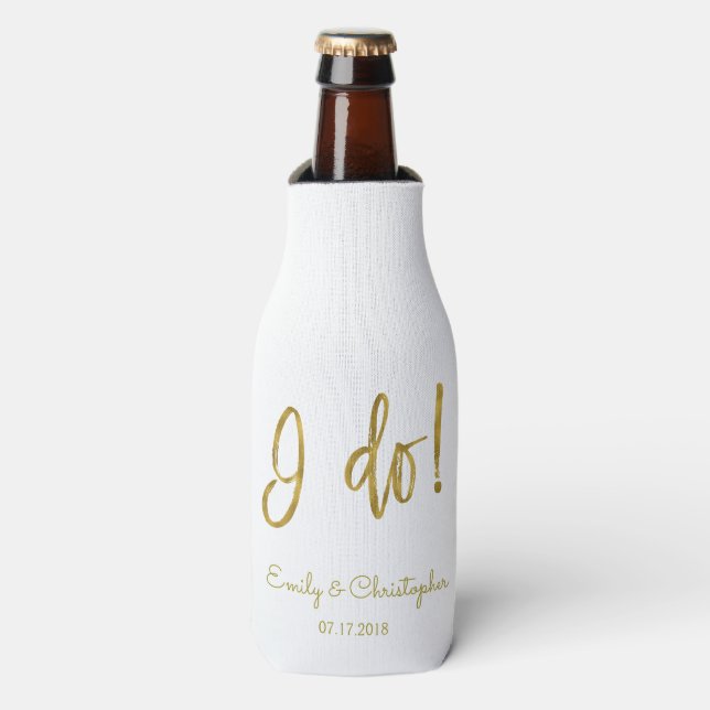 I Do Elegant Script Gold Foil and White Wedding Bottle Cooler (Bottle Front)