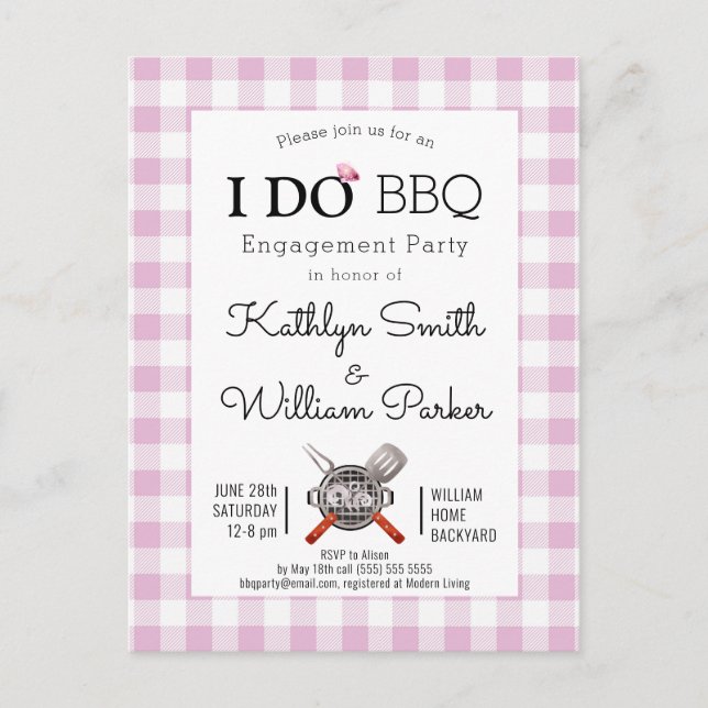I DO Engagement Cute Script Pink Plaid BBQ Invitation Postcard (Front)