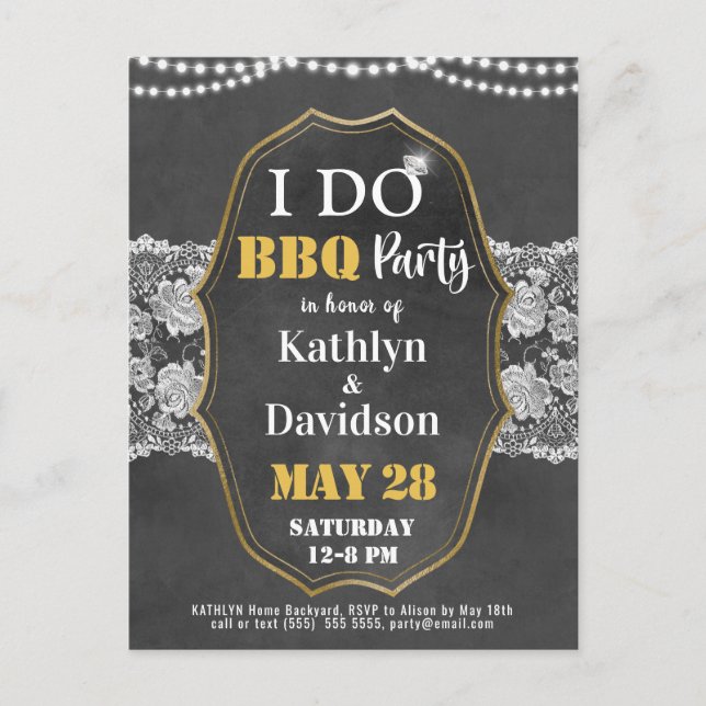 I DO Engagement Elegant Lace Chalkboard BBQ Party Invitation Postcard (Front)
