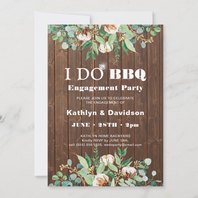 I DO Engagement Eucalyptus Floral Rustic Wood BBQ Invitation (Front)