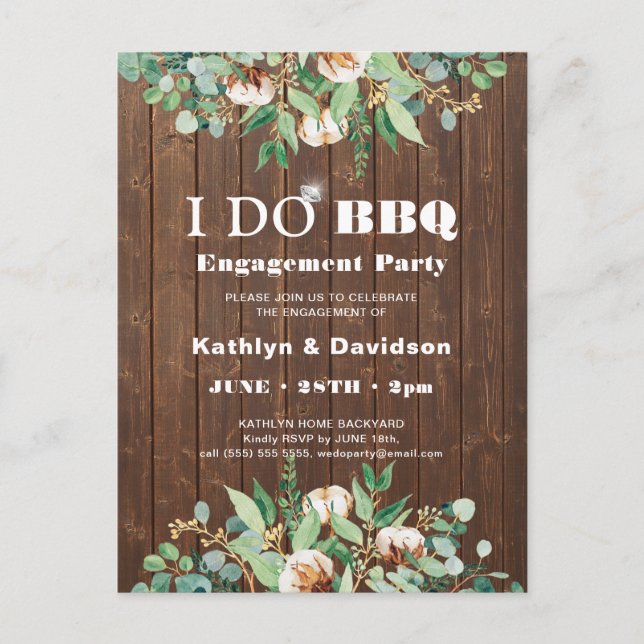 I DO Engagement Eucalyptus Floral Rustic Wood BBQ Invitation Postcard (Front)