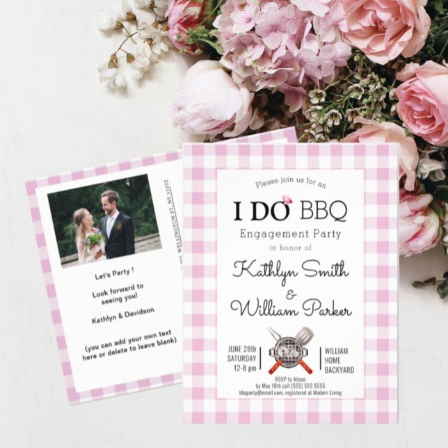 I DO Engagement Photo Pink Plaid BBQ Invitation Postcard (Creator Uploaded)