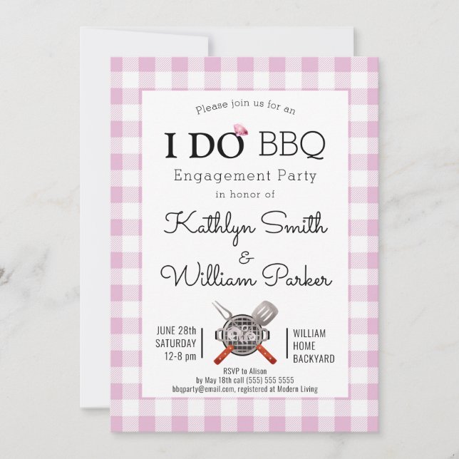 I DO Engagement Pink Plaid Minimalist BBQ Party Invitation (Front)