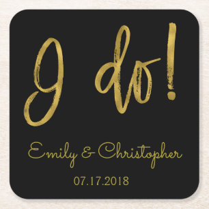 I Do Gold Foil and Black Wedding Coasters