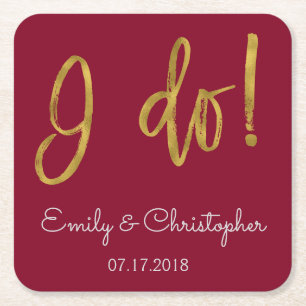 I Do Gold Foil and Burgundy Wedding Coasters