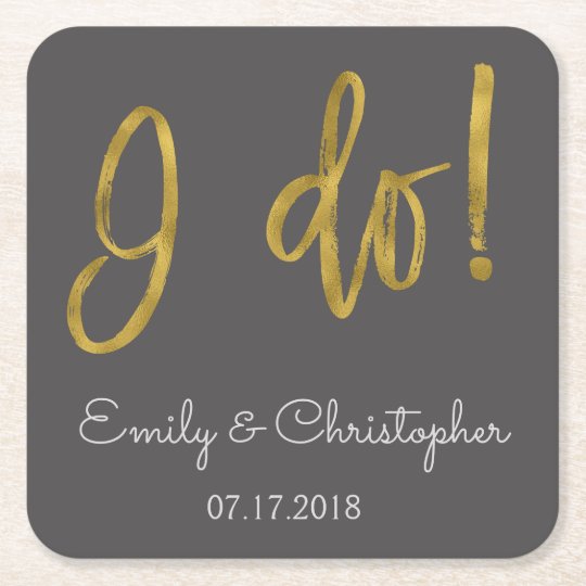 I Do Gold Foil and Charcoal Grey Wedding Coasters
