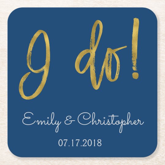 I Do Gold Foil and Navy Blue Wedding Coasters