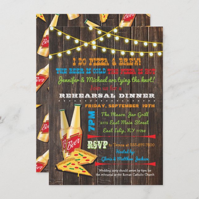 I do Pizza and Brew Rehearsal Dinner invitations (Front/Back)