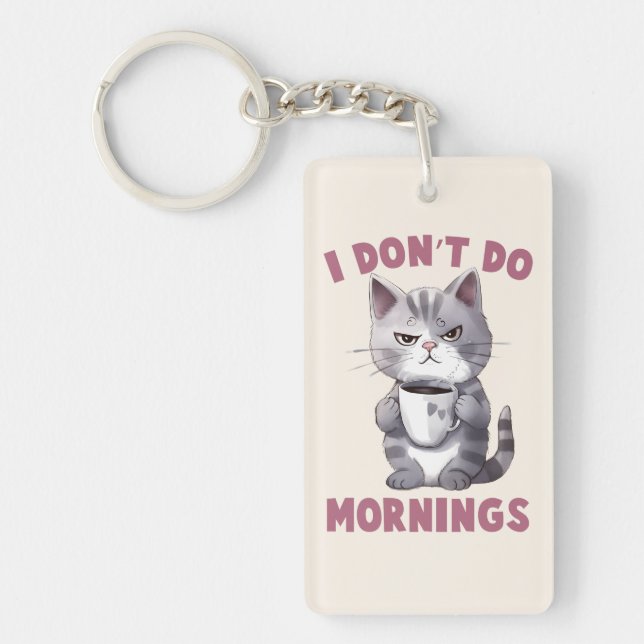 I Don’t Do Mornings – Grey Cat with Coffee Key Ring (Front)