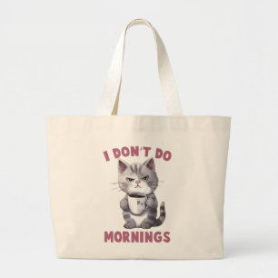 I Don’t Do Mornings – Grey Cat with Coffee Large Tote Bag