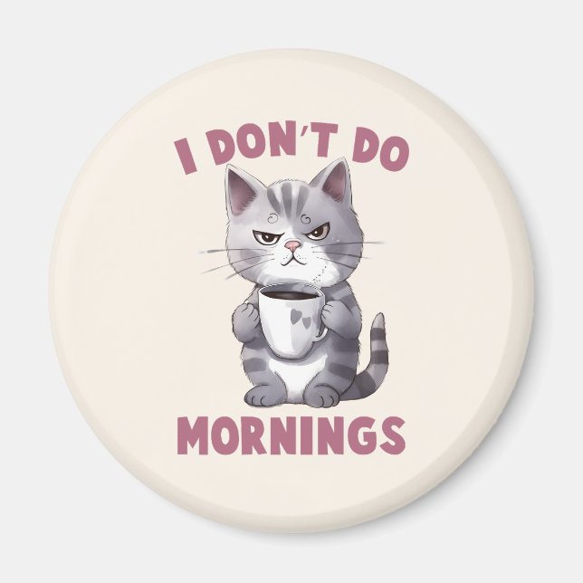 I Don’t Do Mornings – Grey Cat with Coffee Magnet (Front)