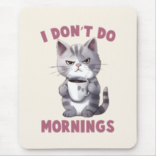 I Don’t Do Mornings – Grey Cat with Coffee Mouse Mat