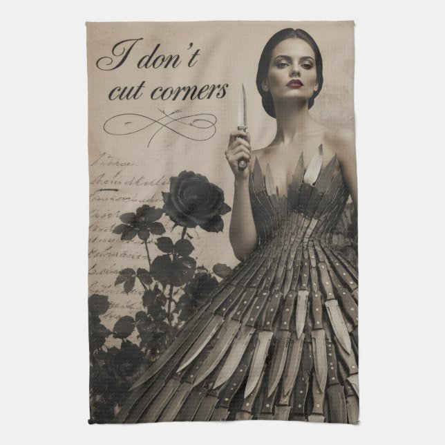 I Dont Cut Corners Surreal Collage Tea Towel (Vertical)