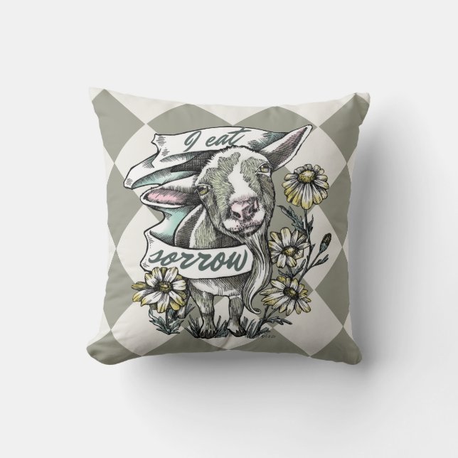 I Eat Sorrow: Happy Goat and Daisies (checks) Cushion (Front)