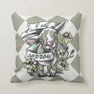 I Eat Sorrow: Happy Goat and Daisies (checks) Cushion