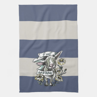 I Eat Sorrow: Happy Goat and Daisies (stripes) Tea Towel