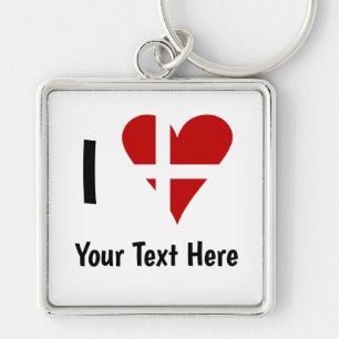 I (Funky Heart Shaped Danish Flag) Your Text Key Ring