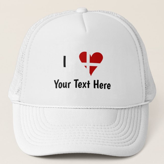 I (Funky Heart Shaped Danish Flag) Your Text Trucker Hat (Front)