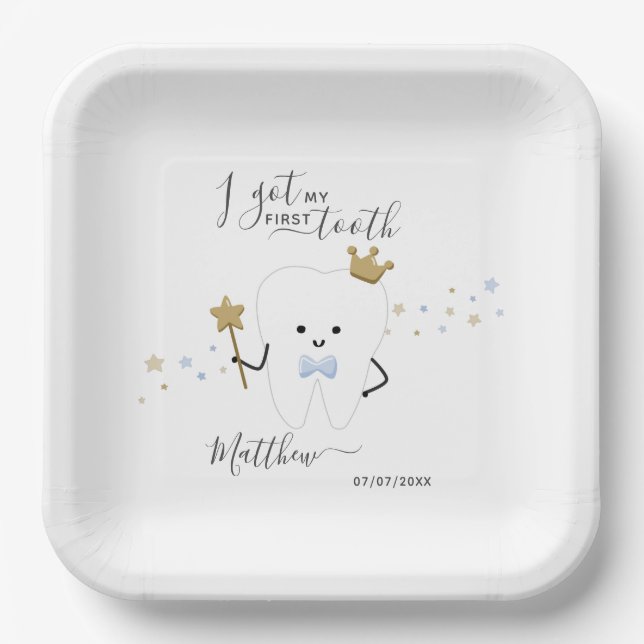 I got my first tooth Baby Boy Teething Date Squar Paper Plate (Front)