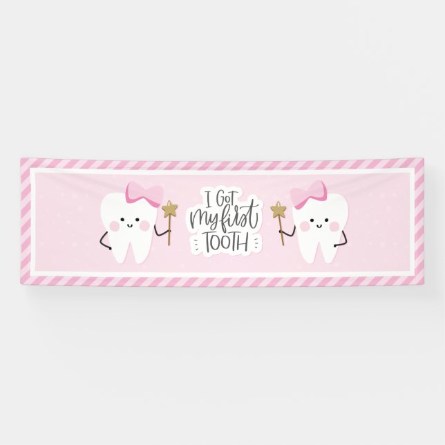 I got my First Tooth baby girl party decoration. Banner (Horizontal)