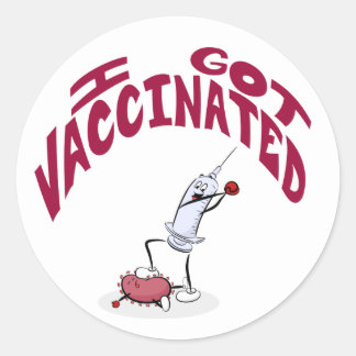 "I GOT VACCINATED" Silly Cartoon Syringe and Virus Classic Round Sticker