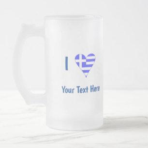 I (Greek Flag Heart) Your Text Frosted Glass Beer Mug