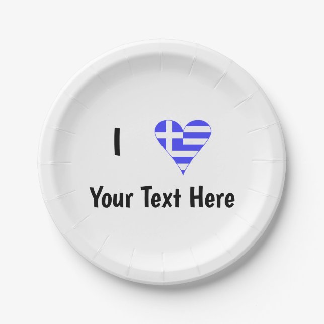 I (Greek Flag Heart) Your Text Paper Plate (Front)