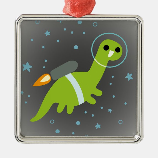 “I Has Jetpack!” Flying Brontosaurus with Jetpack Metal Tree Decoration (Front)
