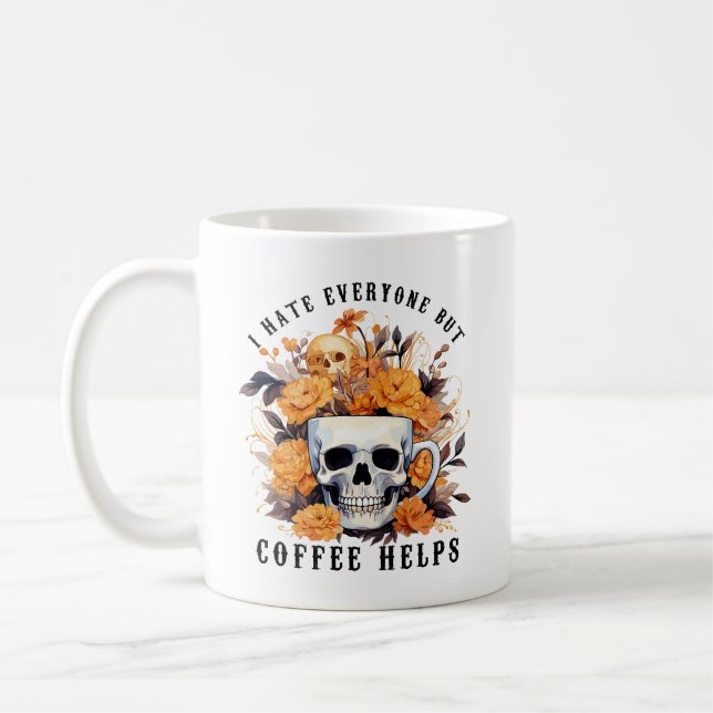 I Hate Everyone But Coffee Help Skeleton Halloween Mug (Left)