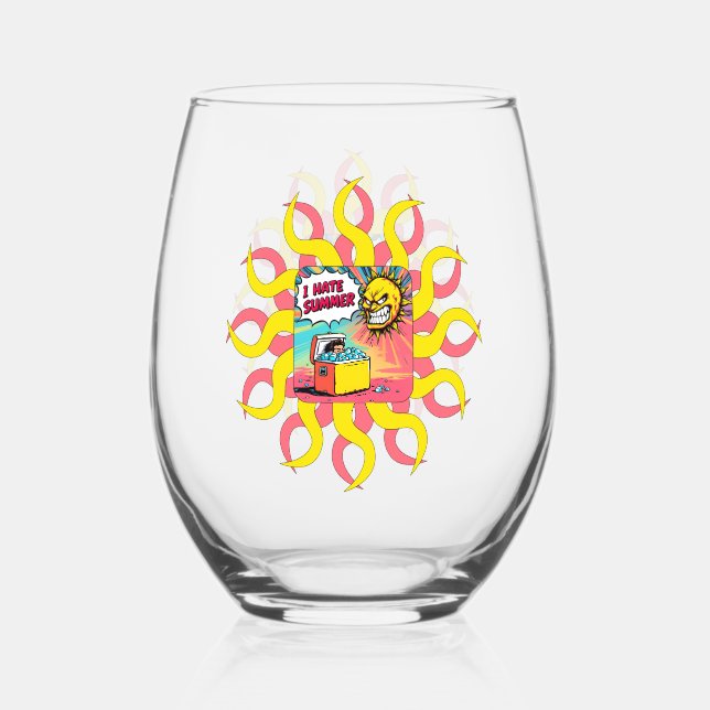 I Hate Summer! Fun Comic-Style Illustration  Stemless Wine Glass (Front)