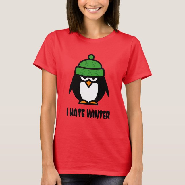 I hate winter t shirts with grumpy penguin cartoon (Front)