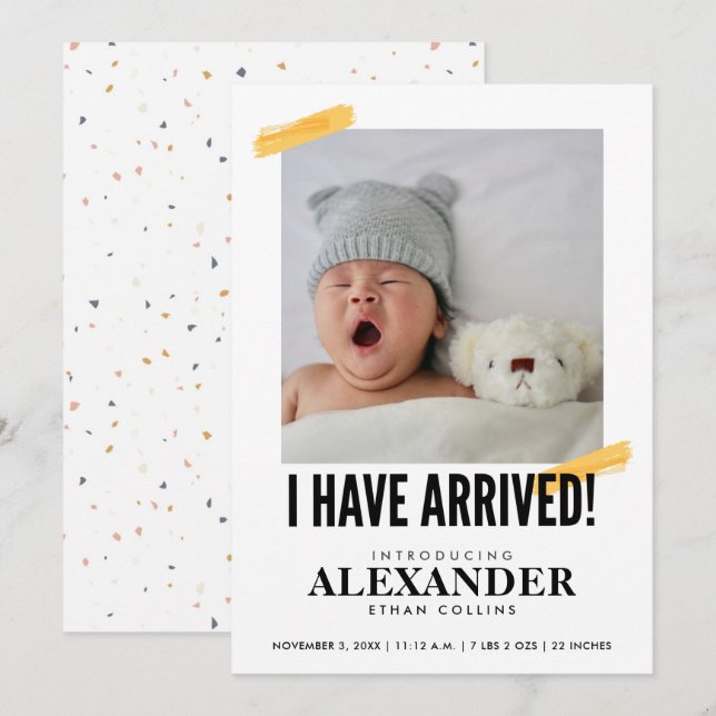 I Have Arrived Photo Modern Baby Birth  Invitation (Front/Back)