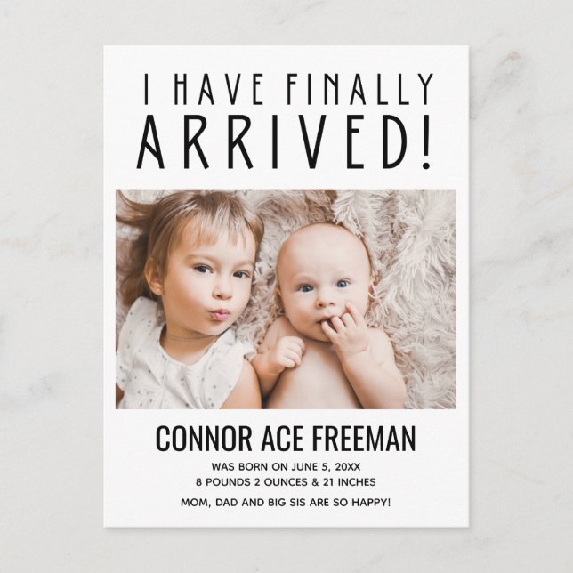 I Have Finally Arrived Photo Baby Boy Birth Announcement Postcard (Front)