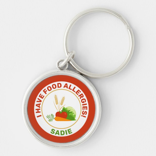 I Have Food Allergies & Name With Cartoon Foods Key Ring (Front)