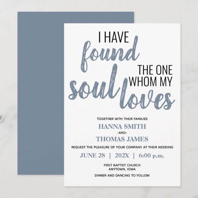 I Have Found the One Typography Dusty Blue Wedding Invitation (Front/Back)