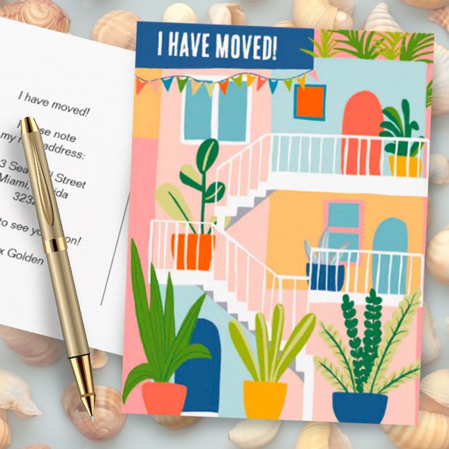 I Have Moved Change of Address Tropical Apartment Postcard (Colorful apartment building moving announcement address change custom postcard - add your own text)