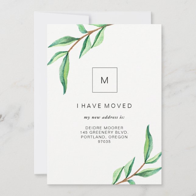 I Have Moved | Minimalist Green Leaves Announcement (Front)