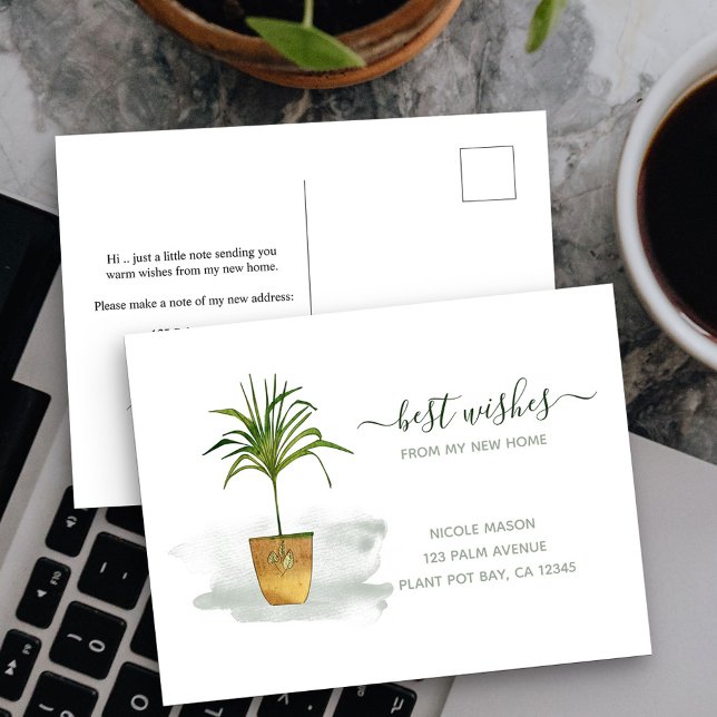 I Have Moved Potted Palm Plant Moving Announcement Postcard (New Address postcard with elegant watercolor potted plant)