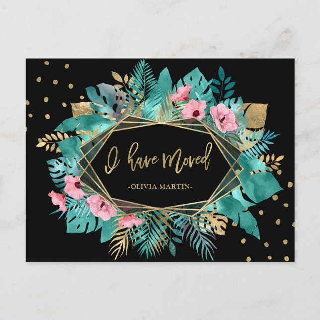 I Have Moved | Tropical Gold Leaves Moving Postcard (Front)
